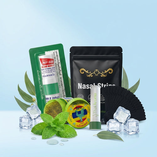 Los cuatro productos del pack: inhalador tailandés 2 en 1, inhalador herbal ThaiAroma, 30 tiras nasales y stick nasal