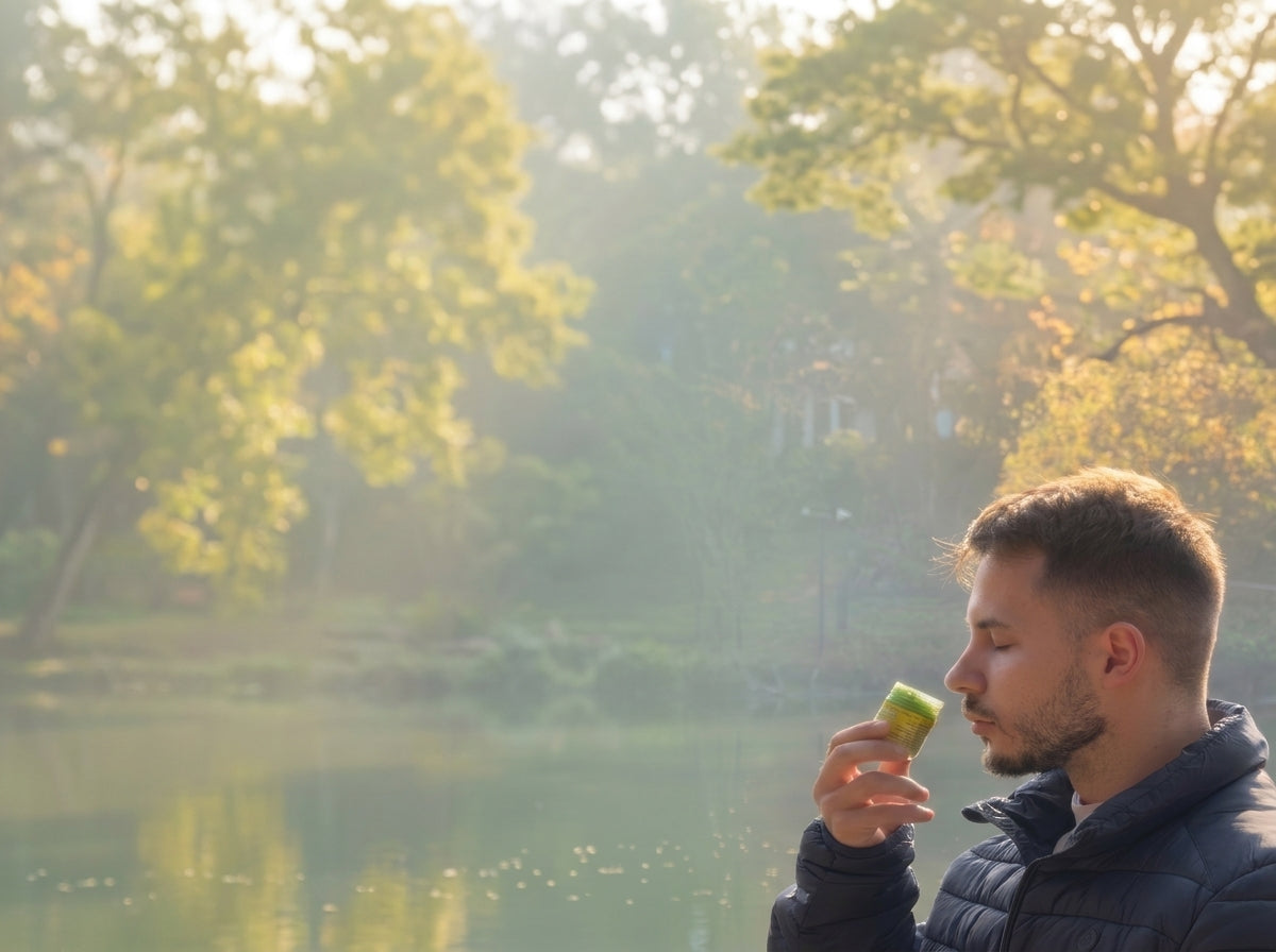 Persona usando el inhalador herbal tailandés de ThaiAroma al aire libre
