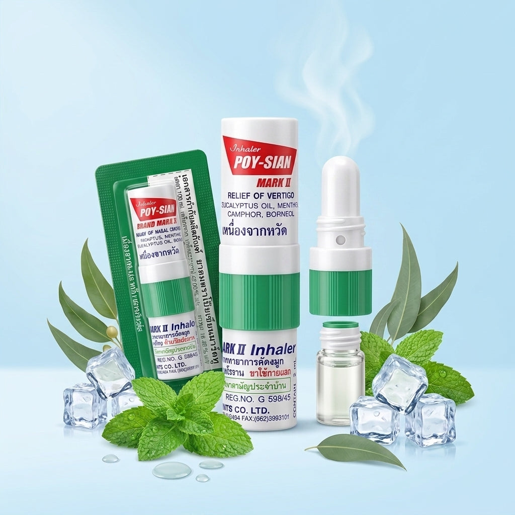 Inhalador tailandés 2 en 1 abierto, con el frasco de aceite y el blíster original