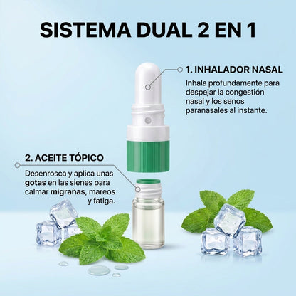 Las dos partes del inhalador: arriba el inhalador nasal, abajo el frasco de aceite tópico