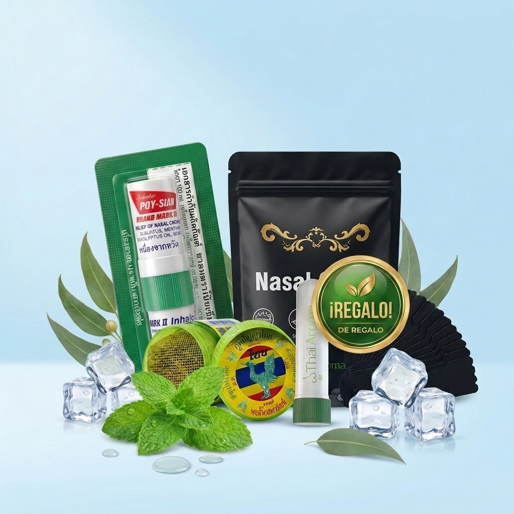 Los cuatro productos del pack: inhalador tailandés 2 en 1, inhalador herbal ThaiAroma, tiras nasales y stick nasal de regalo